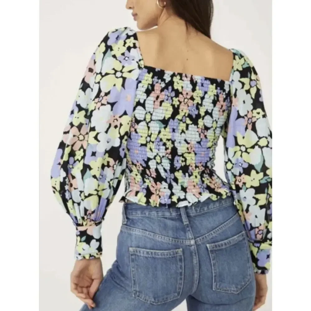 Free People Ariana Floral Puff Sleeve Blouse Size S